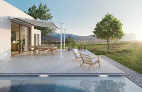 Moderne Terrasse mit Blick auf die Landschaft und Sonnenaufgang
