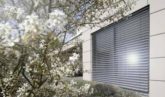 Moderne Architektur mit blühenden Bäumen und Sonnenschutz