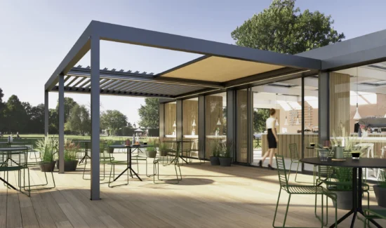 Moderne Terrasse mit Pergola und stilvollen Gartenmöbeln